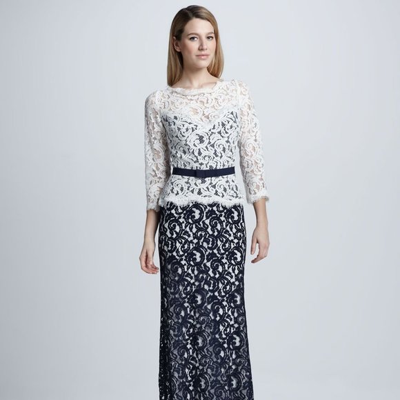 Tadashi Shoji Dresses & Skirts - Elegant Tadashi Shoji Formal Illusion Lace Two-Tone Cream Black Gown W/ …